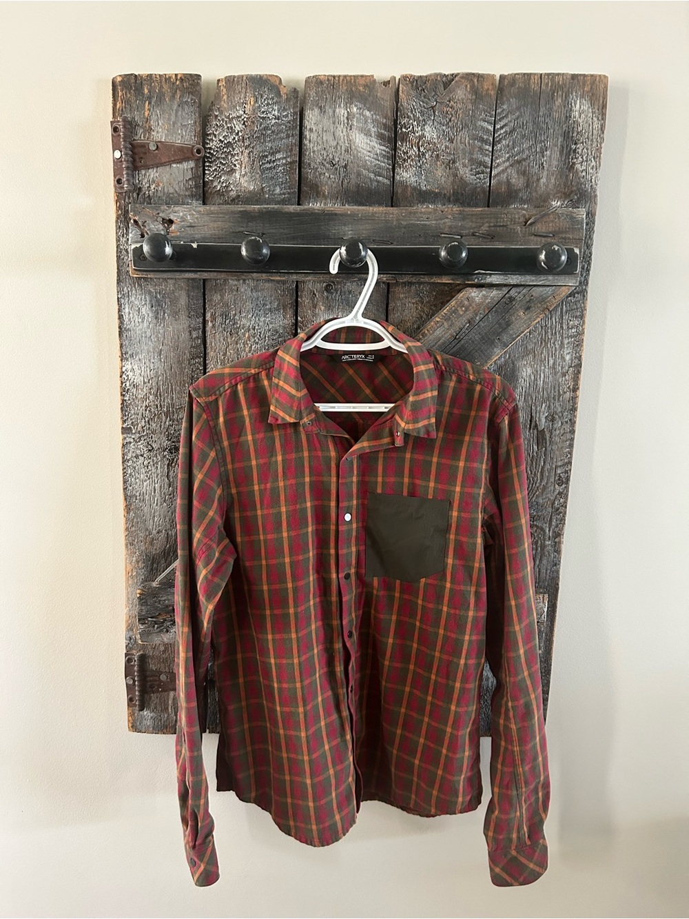 Men's Arc’teryx Red Plaid Button-Up Shirt with Chest Pocket